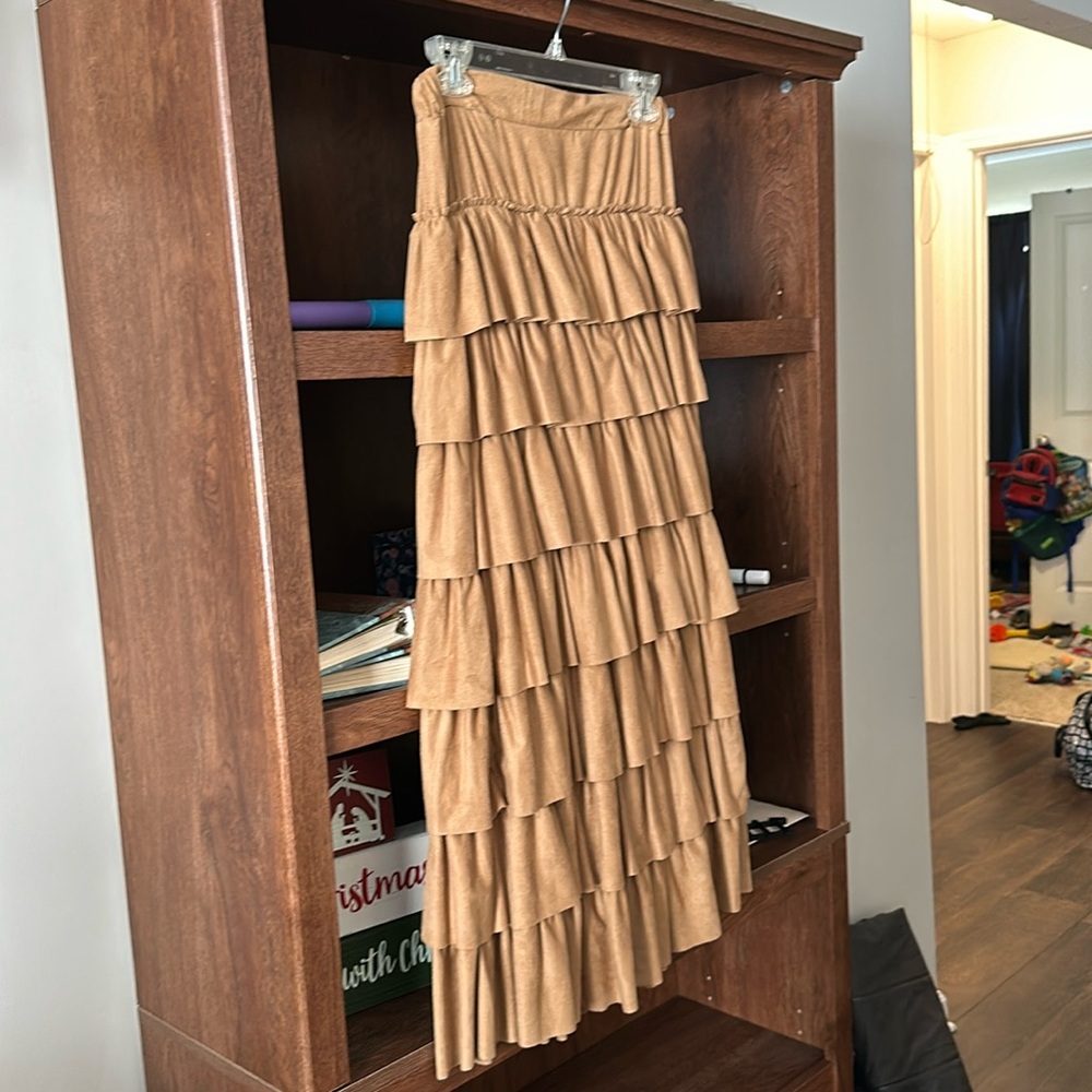 Camel colored maxi ruffle skirt
